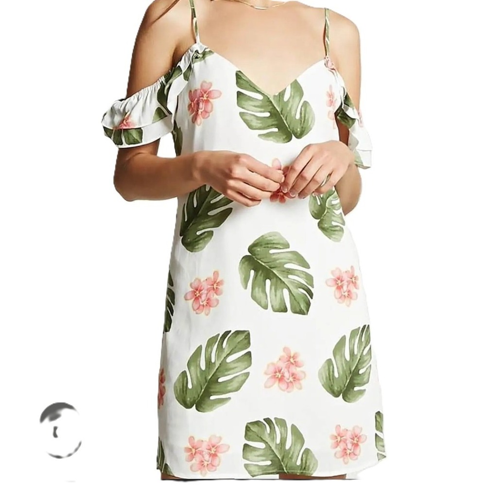 Forever 21 Ivory & Green Palm Leaf Pink Floral Tropical Summer Dress Size S